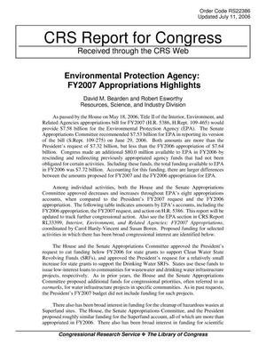 Environmental Protection Agency: FY2007 Appropriations Highlights