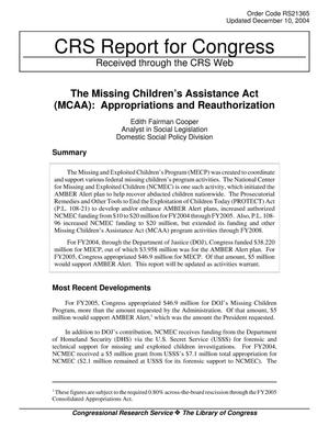 The Missing Children’s Assistance Act (MCAA): Appropriations and Reauthorization