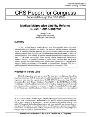 Medical Malpractice Liability Reform: S. 354, 109th Congress