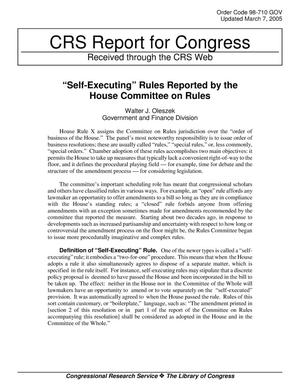 “Self-Executing” Rules Reported by the House Committee on Rules