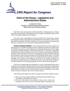 Clerk of the House: Legislative and Administrative Duties