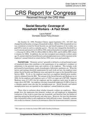 Social Security: Coverage of Household Workers - A Fact Sheet