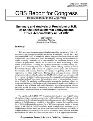 Summary and Analysis of Provisions of H.R. 2412, the Special Interest Lobbying and Ethics Accountability Act of 2005