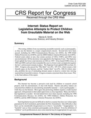 Internet: Status Report on Legislative Attempts to Protect Children from Unsuitable Material on the Web