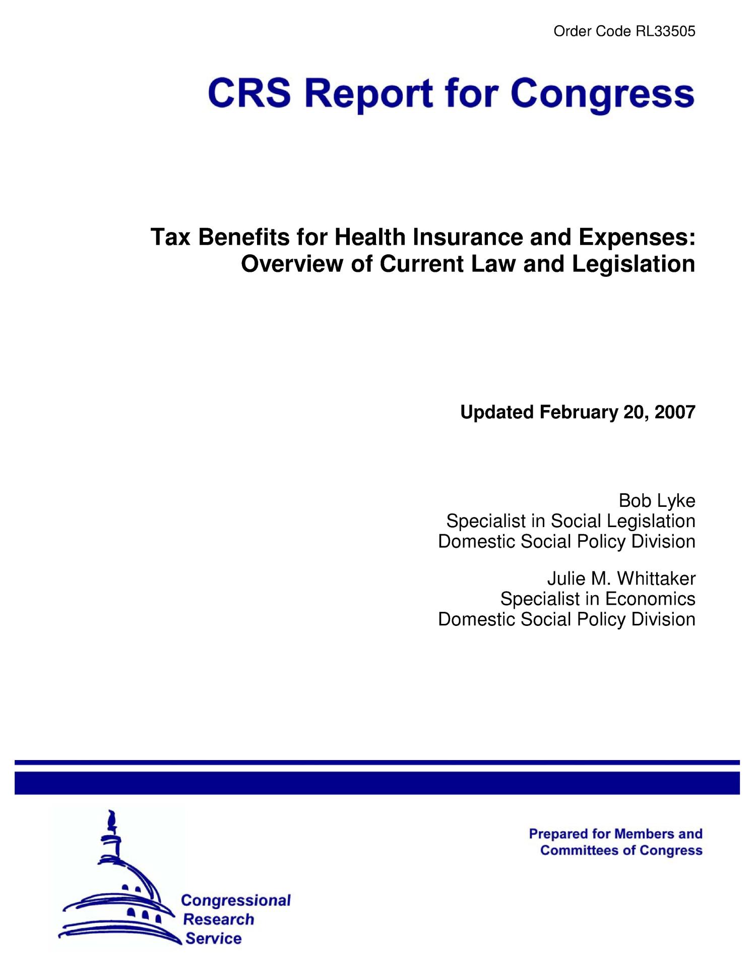 Tax Benefits for Health Insurance and Expenses: Overview of Current Law and Legislation
                                                
                                                    [Sequence #]: 1 of 26
                                                
