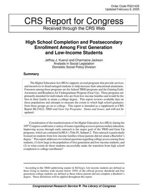 High School Completion and Postsecondary Enrollment Among First Generation and Low-Income Students