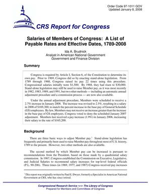 Salaries of Members of Congress: A List of Payable Rates and Effective Dates, 1789-2008