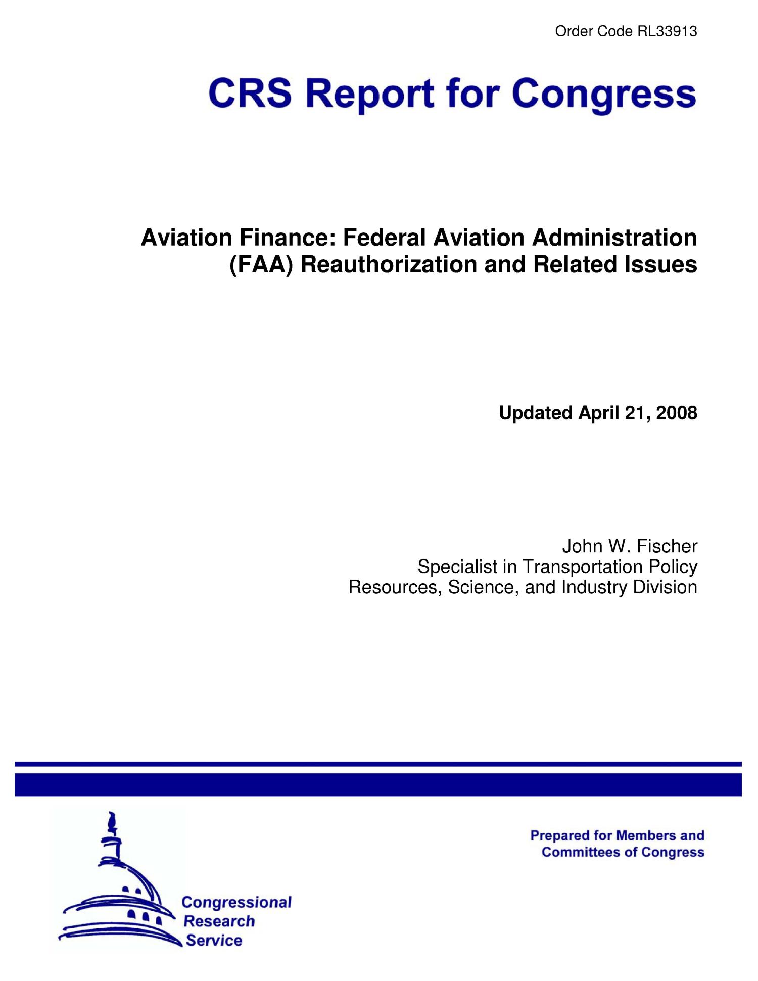 Aviation Finance Federal Aviation Administration (FAA) Reauthorization