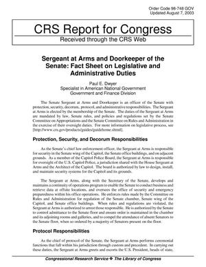 Sergeant at Arms and Doorkeeper of the Senate: Fact Sheet on Legislative and Administrative Duties
