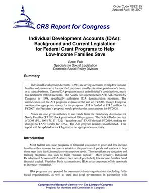Individual Development Accounts (IDAs): Background and Current Legislation for Federal Grant Programs to Help Low-Income Families Save