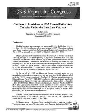 Citations to Provisions in 1997 Reconciliation Acts Canceled Under the Line Item Veto Act