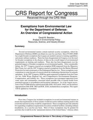 Exemptions from Environmental Law for the Department of Defense: An Overview of Congressional Action