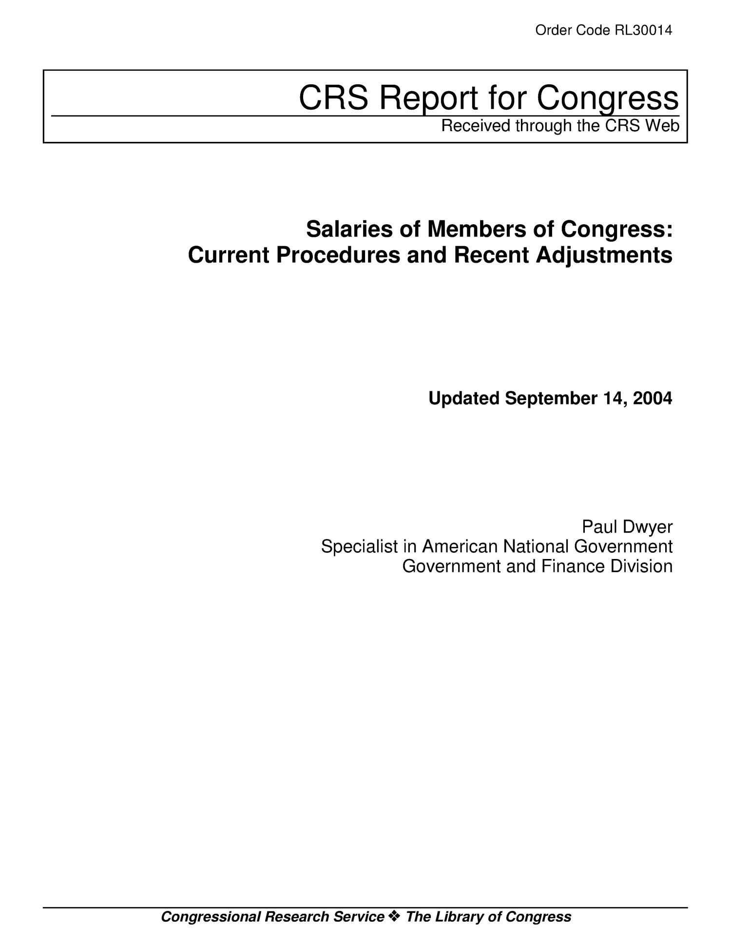 Salaries of Members of Congress Current Procedures and Recent