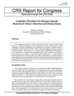 Legislative Procedure for Disapproving the Renewal of China’s Most-Favored-Nation Status