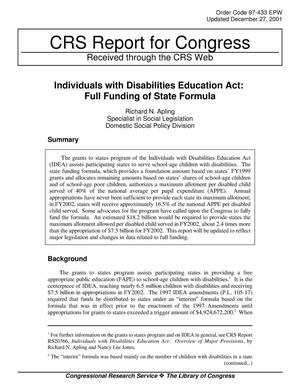 Individuals with Disabilities Education Act: Full Funding of State Formula