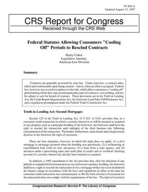 Federal Statutes Allowing Consumers "Cooling Off" Periods to Rescind Contracts