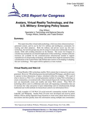 Avatars, Virtual Reality Technology, and the U.S. Military: Emerging Policy Issues