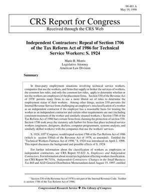 Independent Contractors: Repeal of Section 1706 of the Tax Reform Act of 1986 for Technical Service Workers: S. 1924
