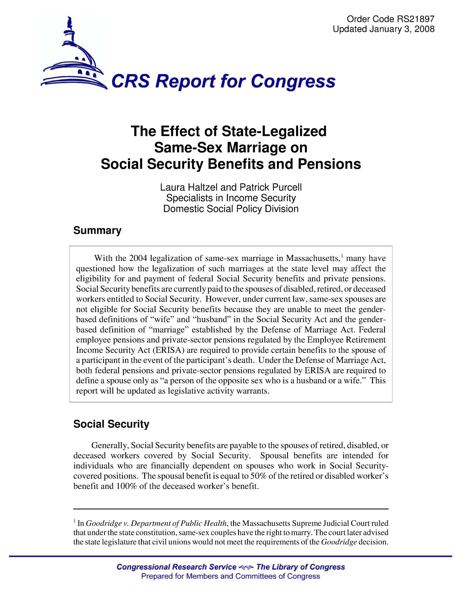 The Effect Of State Legalized Same Sex Marriage On Social Security Benefits And Pensions Unt 