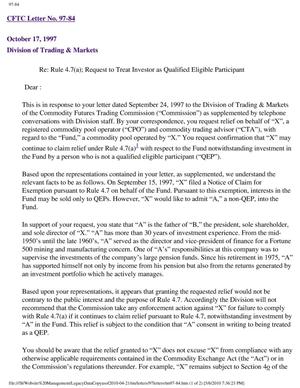 Letter Regarding Rule 4.7(a): Request to Treat Investor as Qualfied Eligible Participant