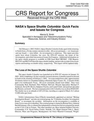 [NASA’s Space Shuttle Columbia: Quick Facts and Issues for Congress, February 13, 2003]
