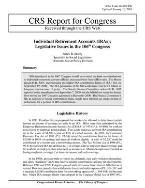 Individual Retirement Accounts (IRAs): Legislative Issues in the 106th Congress