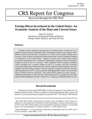 Foreign Direct Investment in the United States: An Economic Analysis of the Data and Current Issues