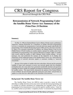 Retransmission of Network Programming Under the Satellite Home Viewer Act: Summary of the PrimeTime 24 Decision