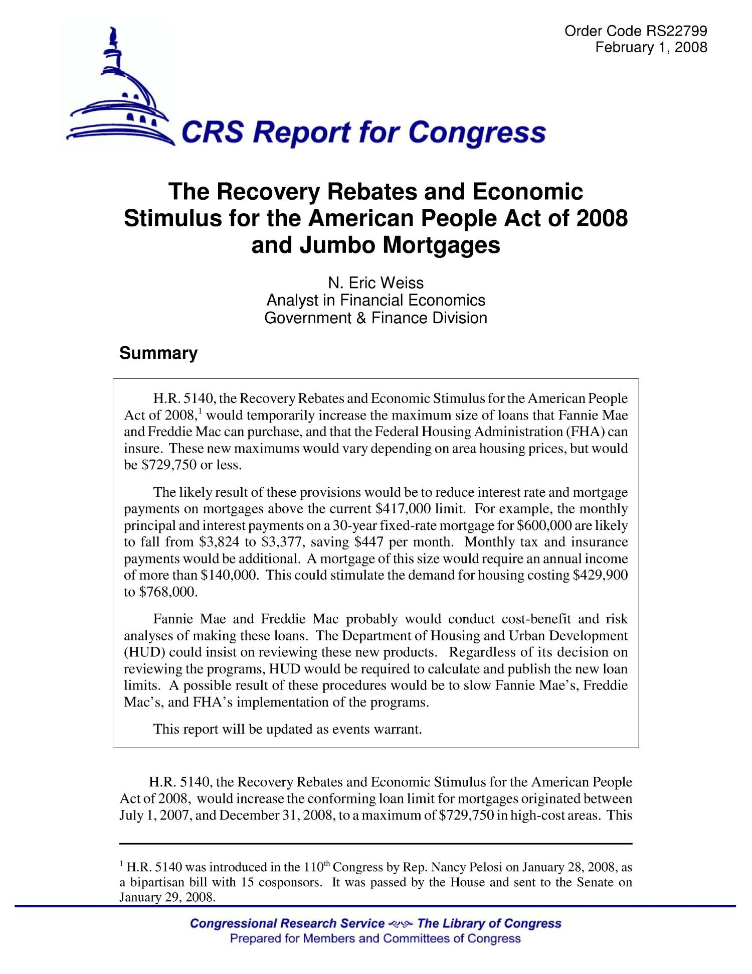 The Recovery Rebates And Economic Stimulus For The American People Act 