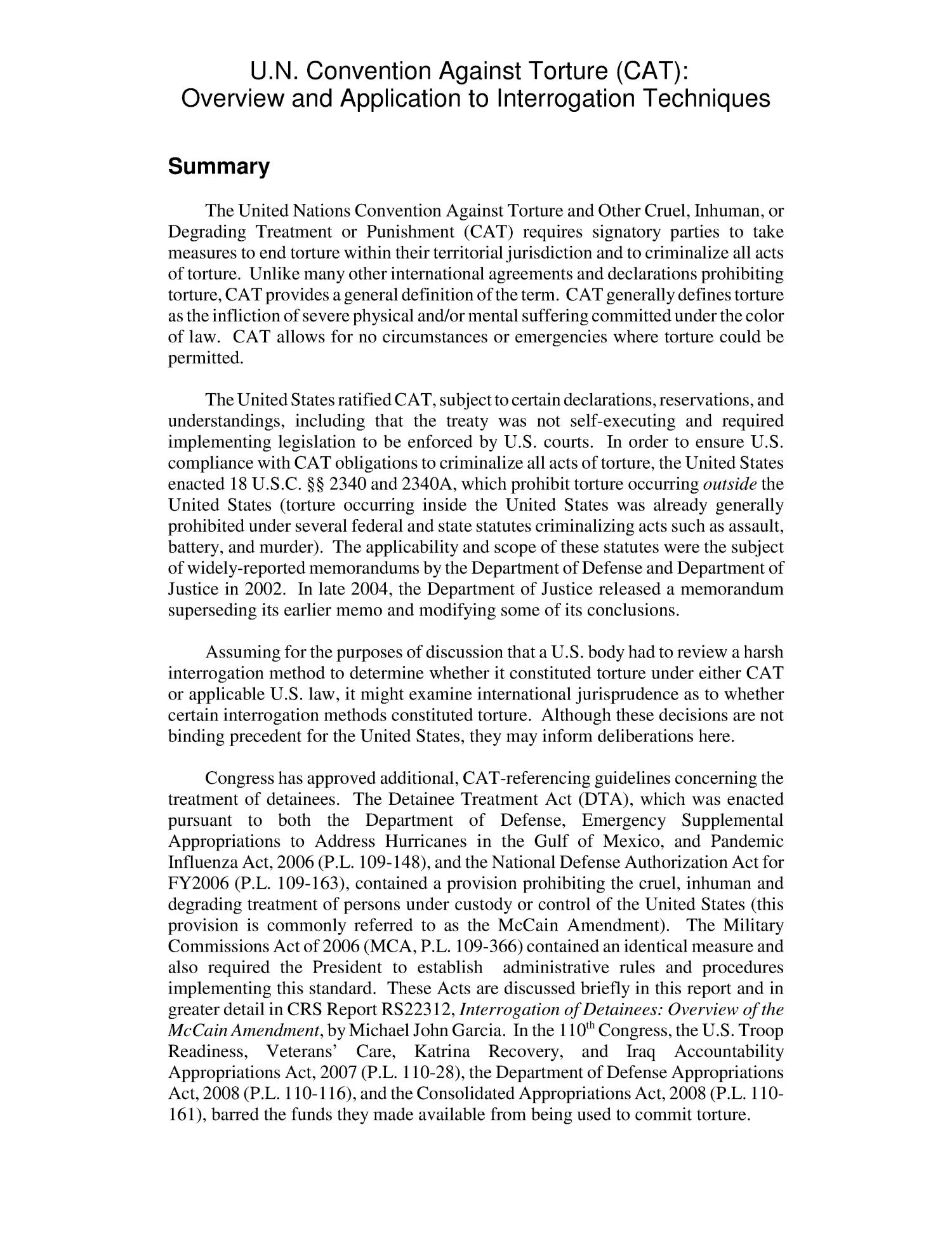 U.N. Convention Against Torture (CAT): Overview and Application to Interrogation Techniques
                                                
                                                    [Sequence #]: 2 of 26
                                                