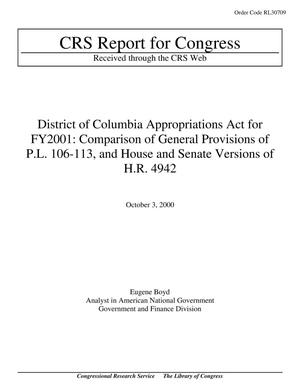 District of Columbia Appropriations Act for FY2001: Comparison of General Provisions of P.L. 106-113, and House and Senate Versions of H.R. 4942