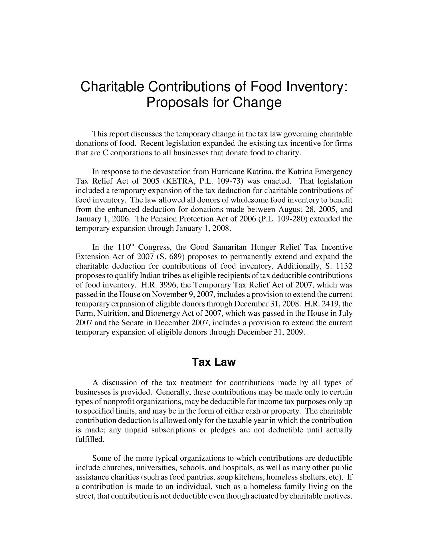 Charitable Contributions of Food Inventory: Proposals for Change
                                                
                                                    [Sequence #]: 4 of 15
                                                