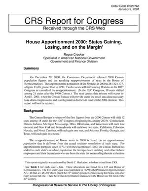 House Apportionment 2000: States Gaining, Losing, and on the Margin1