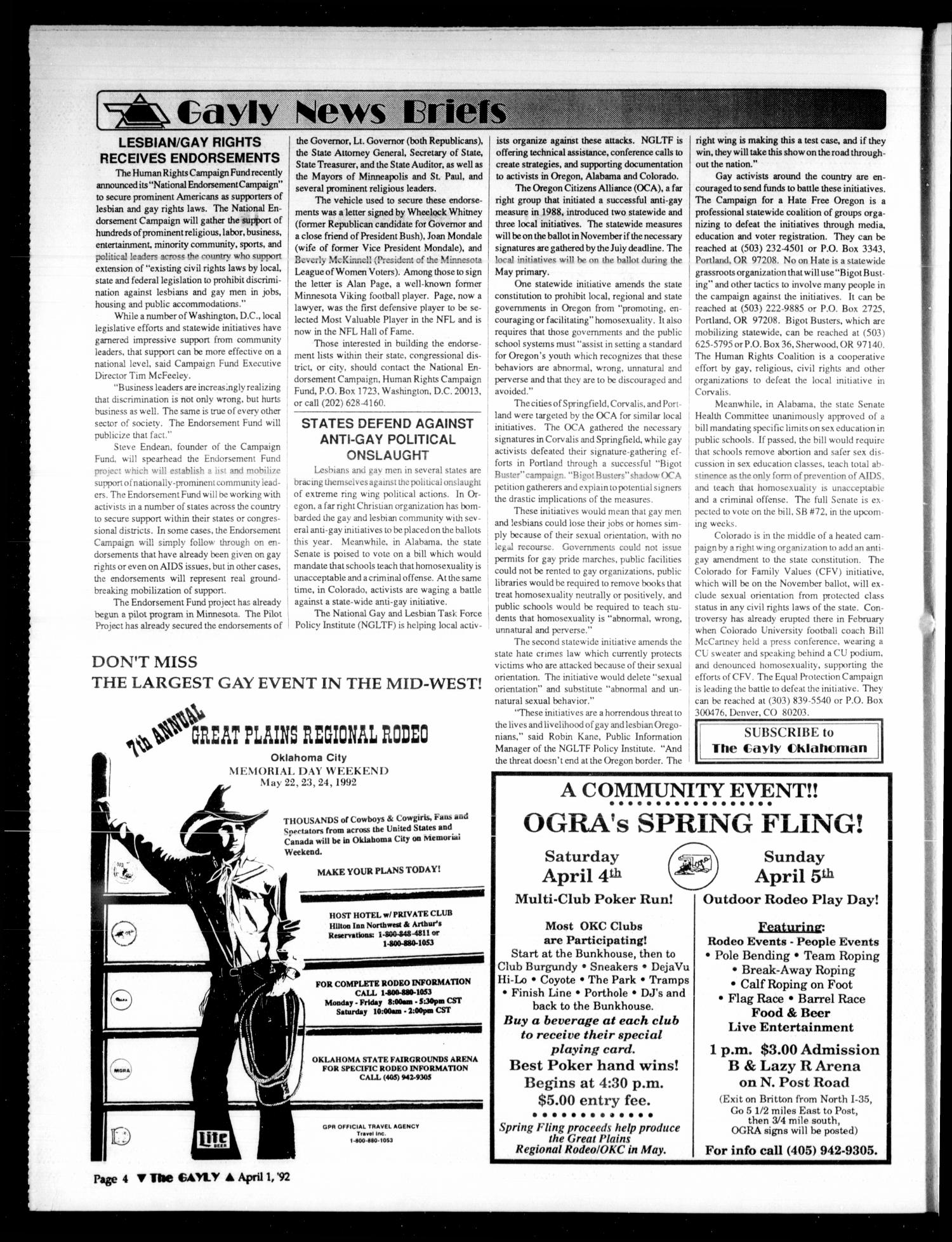 The Gayly Oklahoman (Oklahoma City, Okla.), Vol. 10, No. 7, Ed. 1 Wednesday, April 1, 1992
                                                
                                                    [Sequence #]: 4 of 20
                                                