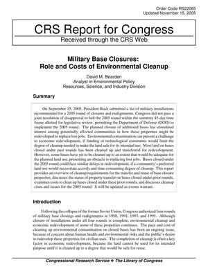 Military Base Closures: Role and Costs of Environmental Cleanup