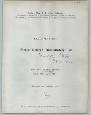 Primary view of object titled '[Fax of News Release: Dallas Gay & Lesbian Alliance]'.
