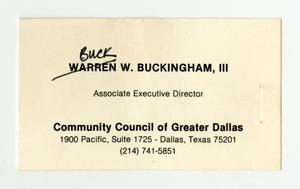 [Business Card, Pamphlet, and Handwritten Notes: Buck Buckingham]