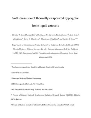 Soft ionization of thermally evaporated hypergolic ionic liquid aerosols