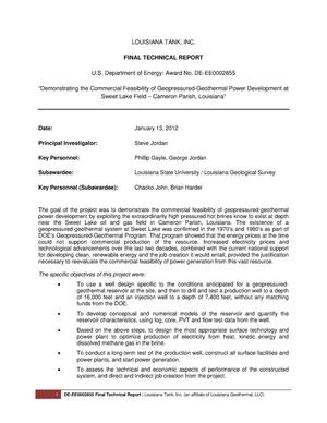 FINAL TECHNICAL REPORT, U.S. Department of Energy: Award No. DE-EE0002855 "Demonstrating the Commercial Feasibility of Geopressured-Geothermal Power Development at Sweet Lake Field - Cameron Parish, Louisiana"