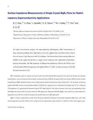 Surface Impedance Measurements of Single Crystal MgB2 Films for Radiofrequency Superconductivity Applications