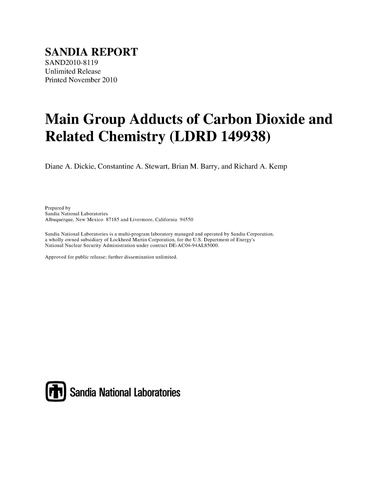 Main group adducts of carbon dioxide and related chemistry (LDRD 149938).
                                                
                                                    [Sequence #]: 1 of 24
                                                