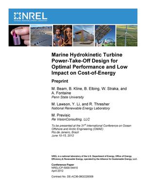 Marine Hydrokinetic Turbine Power-Take-Off Design for Optimal Performance and Low Impact on Cost-of-Energy: Preprint