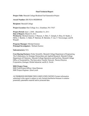 Messiah College Biodiesel Fuel Generation Project Final Technical Report