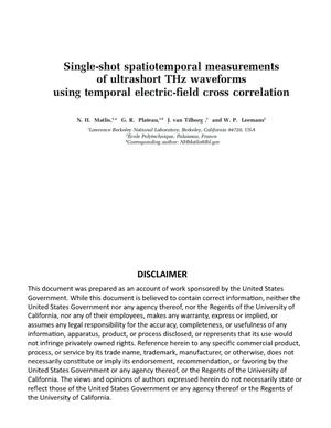 Single-shot spatiotemporal measurements of ultrashort THz waveforms using temporal electric-field cross correlation