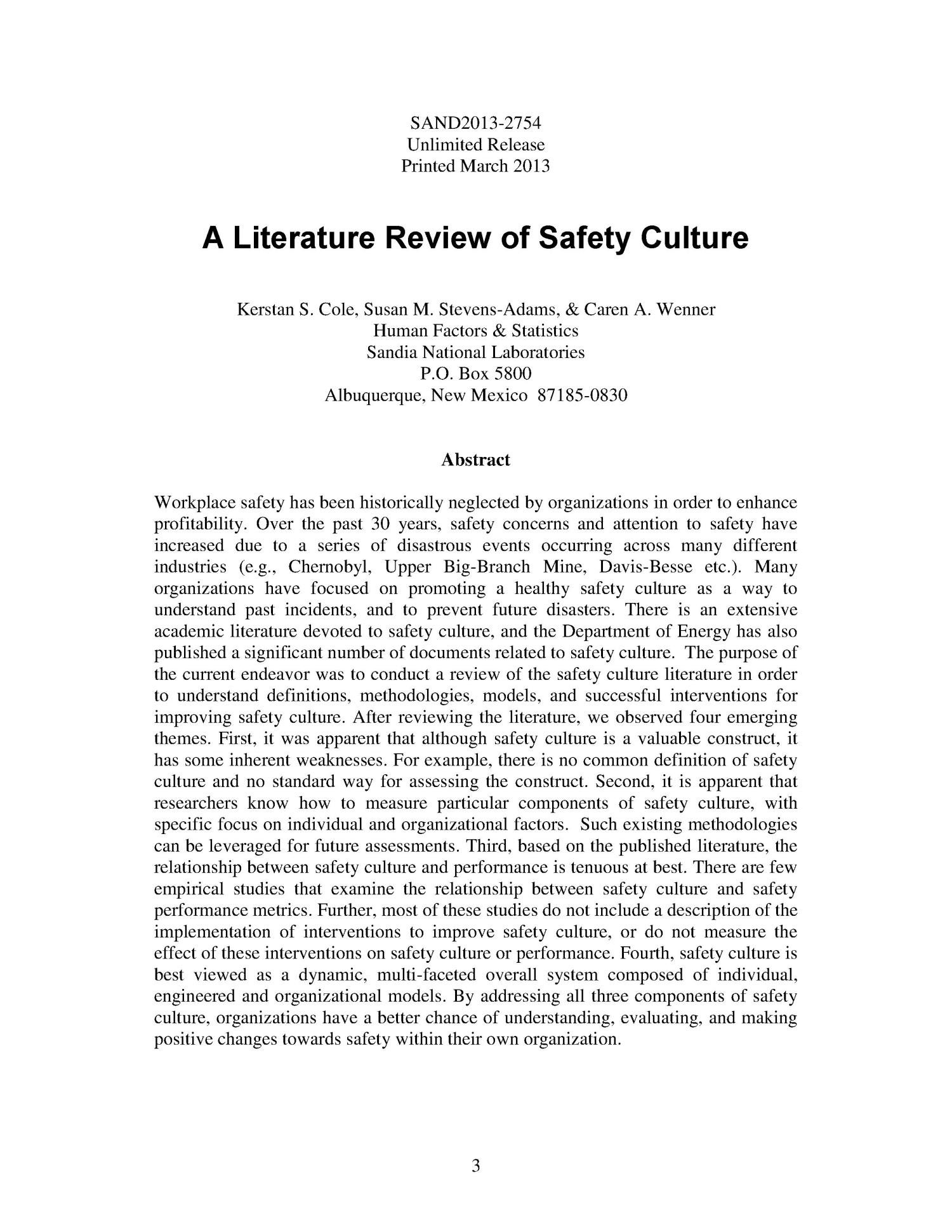 literature review safety management