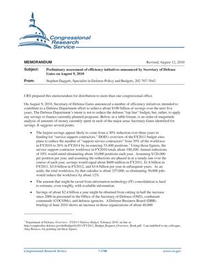 MEMORANDUM: Preliminary assessment of efficiency initiatives announced by Secretary of Defense Gates on August 9, 2010