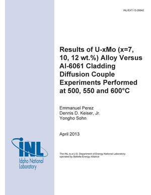 Results of U-xMo (x=7, 10, 12 wt.%) Alloy versus Al-6061 Cladding Diffusion Couple Experiments Performed at 500, 550 and 600 Degrees C