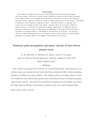Nonlinear pulse propagation and phase velocity of laser-driven plasma waves
