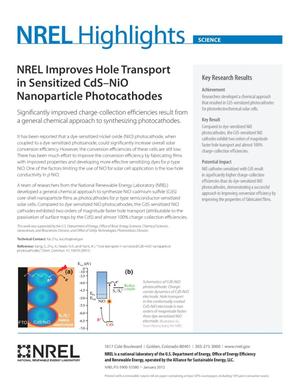 NREL Improves Hole Transport in Sensitized CdS-NiO Nanoparticle Photocathodes (Fact Sheet)