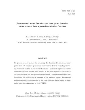 Femtosecond x-ray free electron laser pulse duration measurement from spectral correlation function